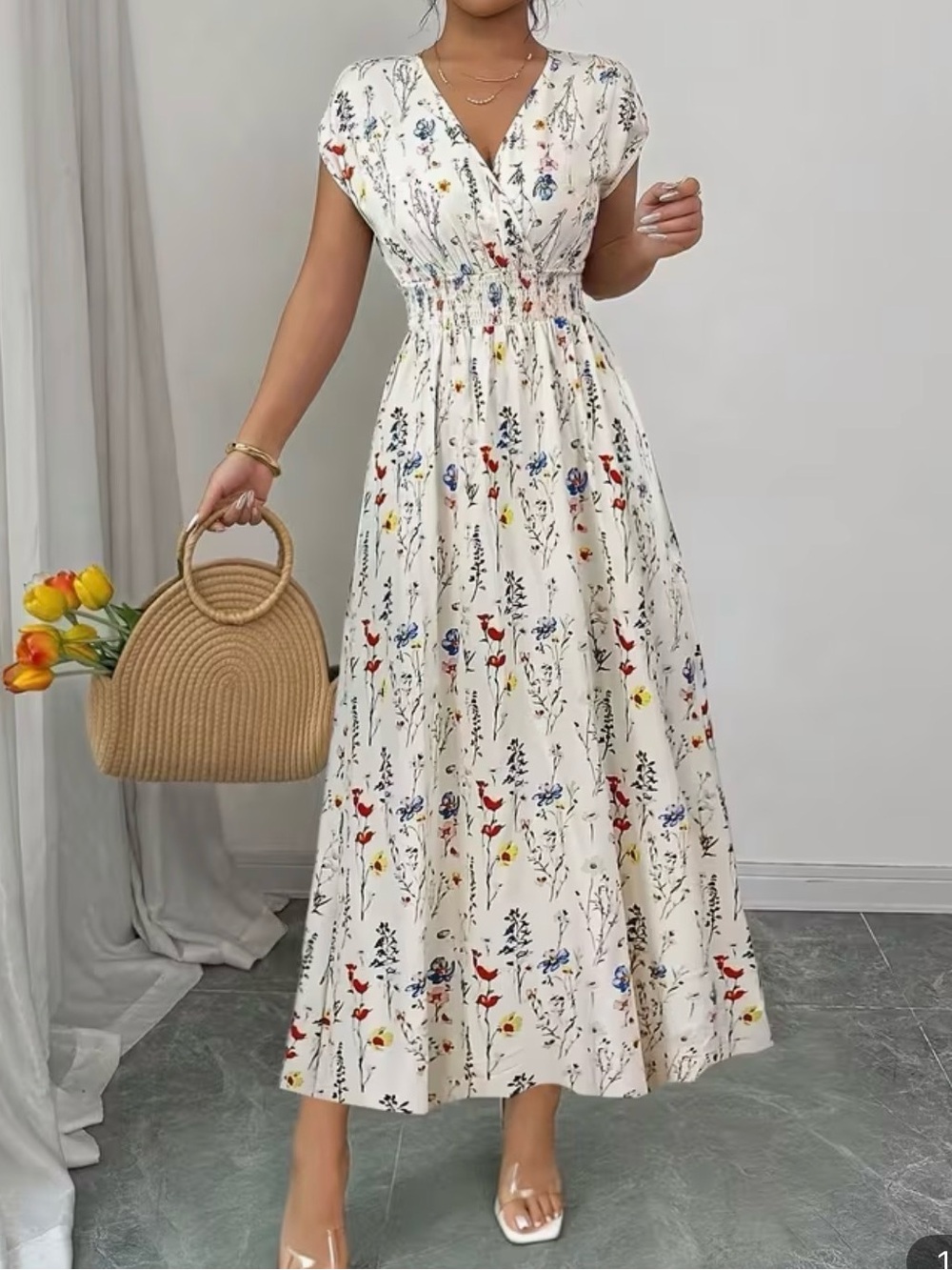 Floral V-Neck Shirred Waist Maxi Dress - White Floral